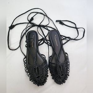 Anthropologie Women's Black Leather Tie-Up Sandals Flats Size 6-6.5 Euro 37